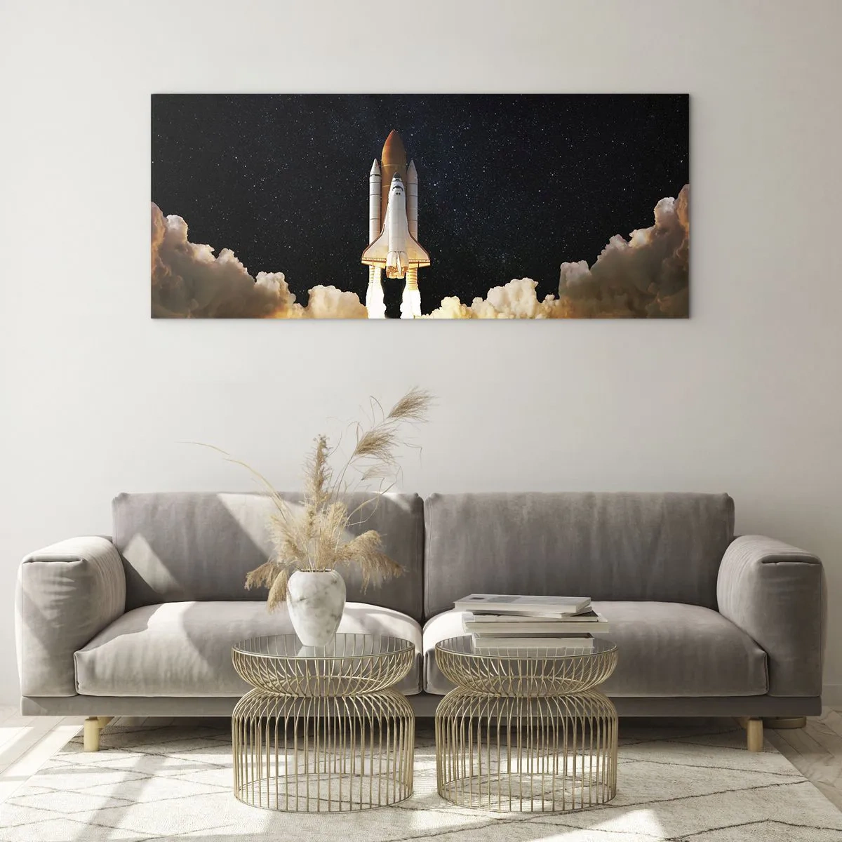 Obraz na szkle - Startująca rakieta kosmiczna na tle gwiaździstego nieba - 120x50cm - Ad astra! - Nowoczesna dekoracja ścienna do salonu i sypialni ARTTOR