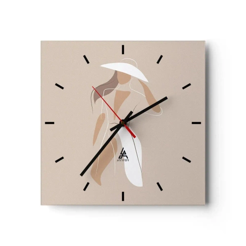 Zegar ścienny - Minimalistyczny rysunek kobiety w kapeluszu na beżowym tle - 30x30cm - Moda to zabawa - Nowoczesna dekoracja ścienna do salonu i sypialni ARTTOR