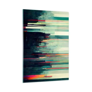 Obraz na szkle - Pionowe kolorowe linie tworzące zarys futurystycznej metropolii - 50x70cm - Futurystyczne miasto - Nowoczesna dekoracja ścienna do salonu, kuchni i sypialni ARTTOR