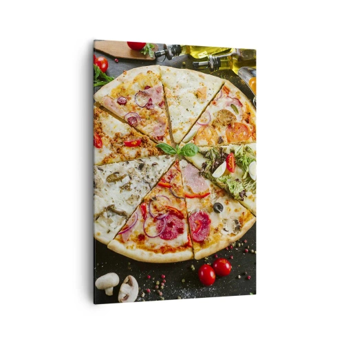 Obraz na płótnie - Pizza w różnych smakach na tle z dodatkami - 70x100cm - Wachlarz smaków - Nowoczesna dekoracja ścienna do salonu i sypialni ARTTOR