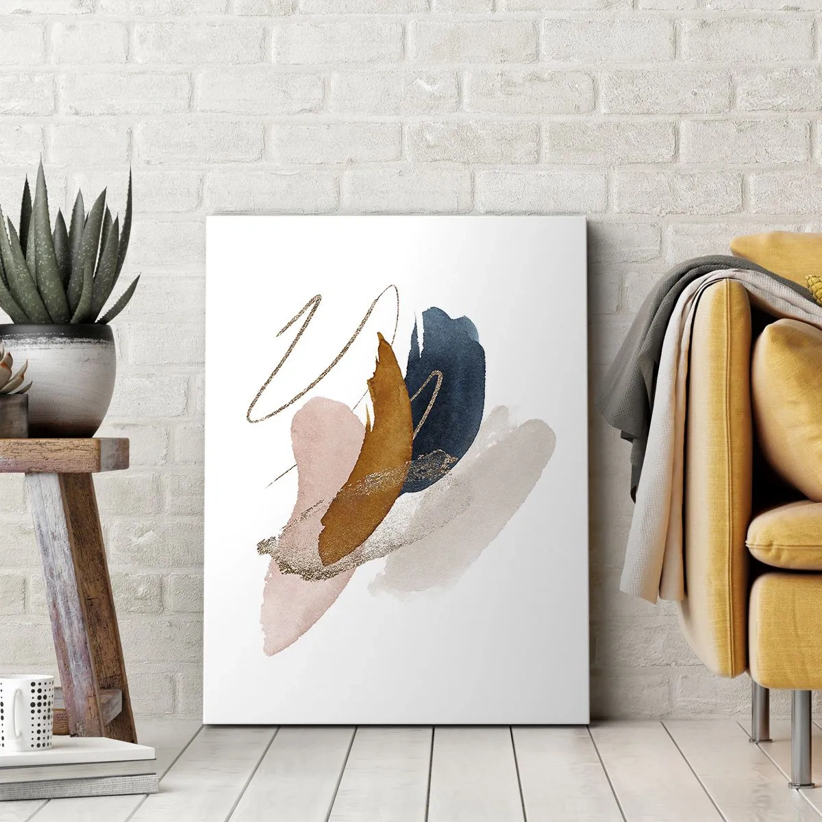 Obraz na płótnie - Abstrakcyjna kompozycja w odcieniach granatu, różu, złota i bieli - 50x70cm - Kompozycja uskrzydlona - Nowoczesna dekoracja ścienna do salonu, kuchni i sypialni ARTTOR