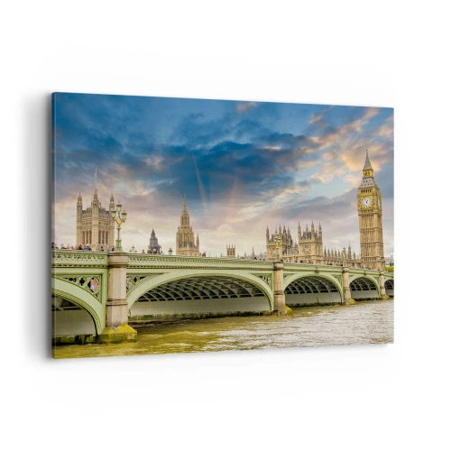 Obraz na płótnie - Big Ben i Westminster Bridge na tle nieba o zmierzchu - 100x70cm - Czas stanął w Imperium - Nowoczesna dekoracja ścienna do salonu, kuchni i sypialni ARTTOR