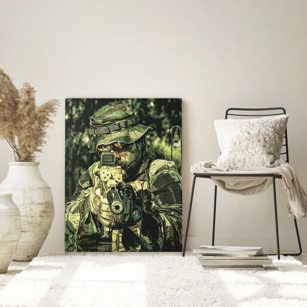 Obraz na szkle - Żołnierz w kamuflażu celujący przez wodę - 70x100cm - Najlepszy z najlepszych - Nowoczesna dekoracja ścienna do salonu i sypialni ARTTOR
