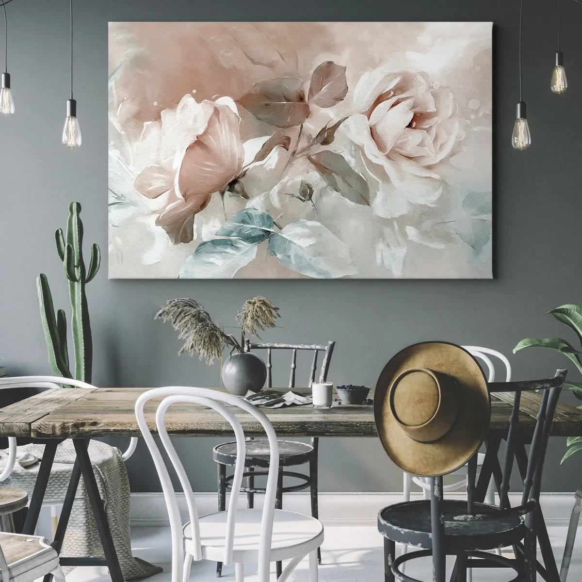 Obraz na płótnie - Delikatne róże w pastelowych odcieniach na jasnym tle - 100x70cm - Duch romantyzmu - Nowoczesna dekoracja ścienna do salonu, kuchni i sypialni ARTTOR