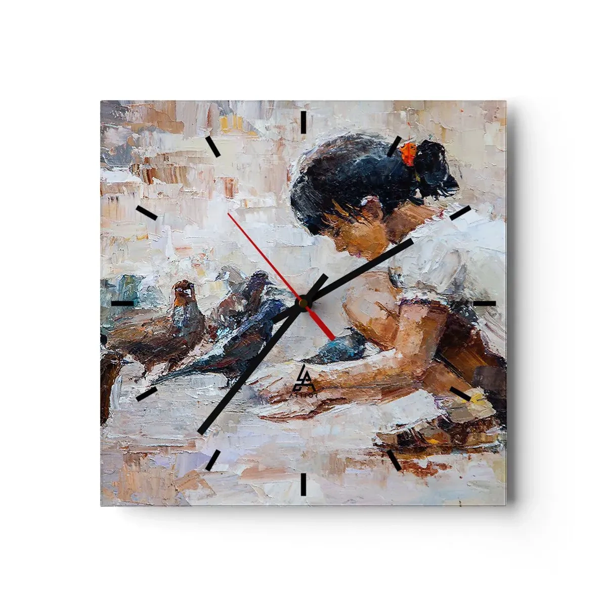 Zegar ścienny - Dziewczynka karmiąca ptaki w malarskim stylu - 30x30cm - Maluczcy i najmilsi - Nowoczesna dekoracja ścienna do salonu i sypialni ARTTOR
