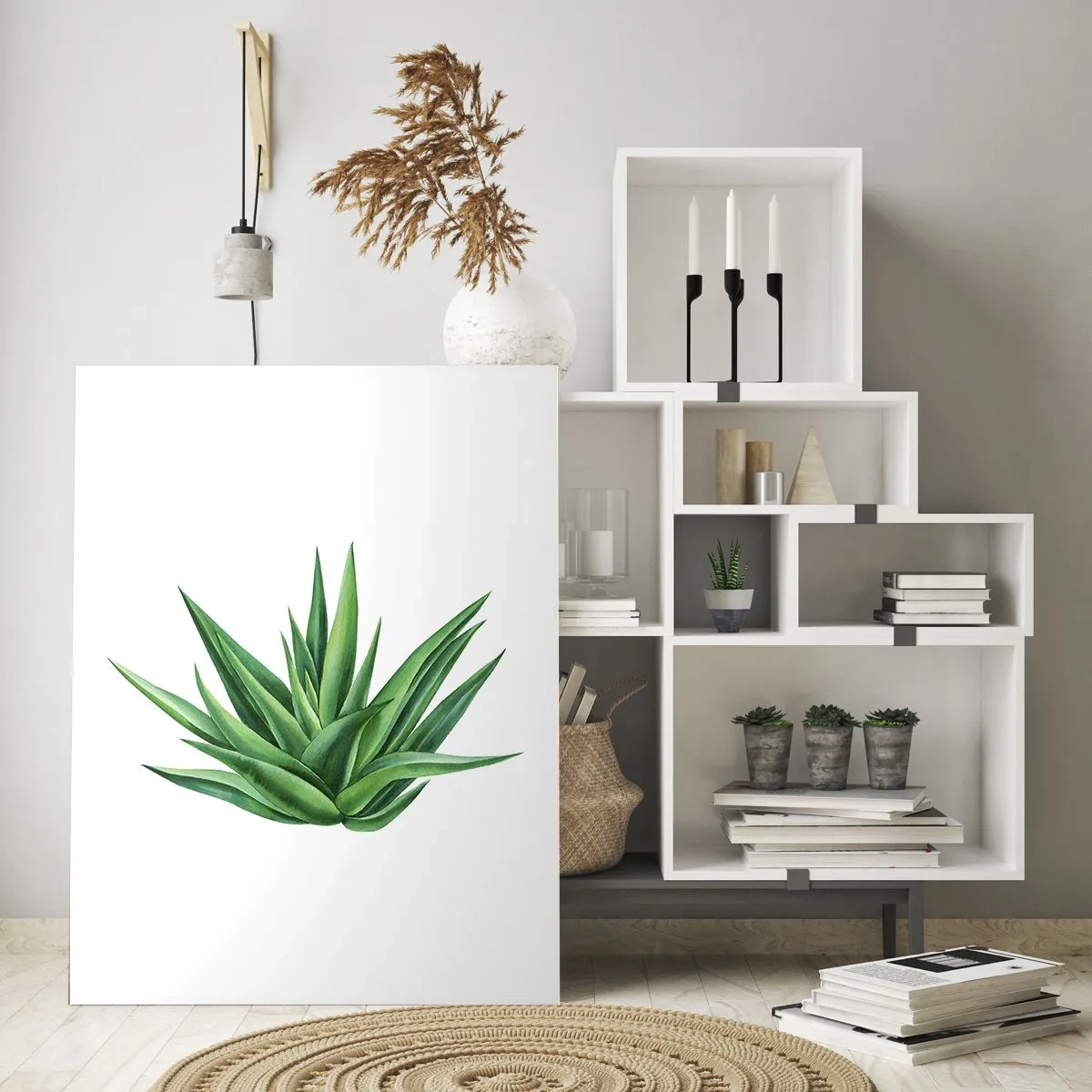 Obraz na szkle - Zielona roślina o mięsistych liściach na białym tle - 50x70cm - Zieleń – siła – życie - Nowoczesna dekoracja ścienna do salonu, kuchni i sypialni ARTTOR