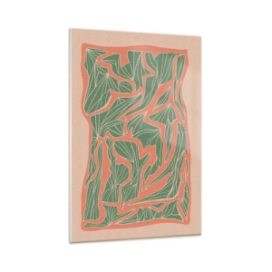 Obraz na szkle - Roślinny wzór w odcieniach zieleni i pomarańczu - 80x120cm - Zmagania koralu i zieleni - Nowoczesna dekoracja ścienna do salonu i sypialni ARTTOR