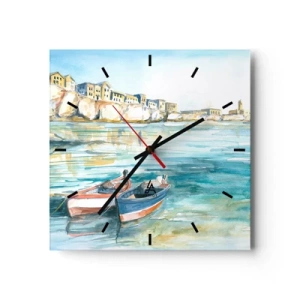Zegar ścienny - Malowniczy krajobraz nadmorski z łodziami na wodzie - 30x30cm - Pejzaż w lazurze - Nowoczesna dekoracja ścienna do salonu i sypialni ARTTOR