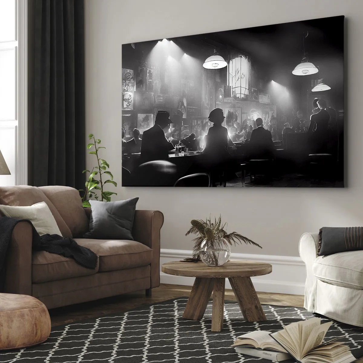 Obraz na płótnie - Czarno-biała scena jazzowego klubu nocnego - 120x80cm - W jazzowym klimacie - Nowoczesna dekoracja ścienna do salonu, kuchni i sypialni ARTTOR