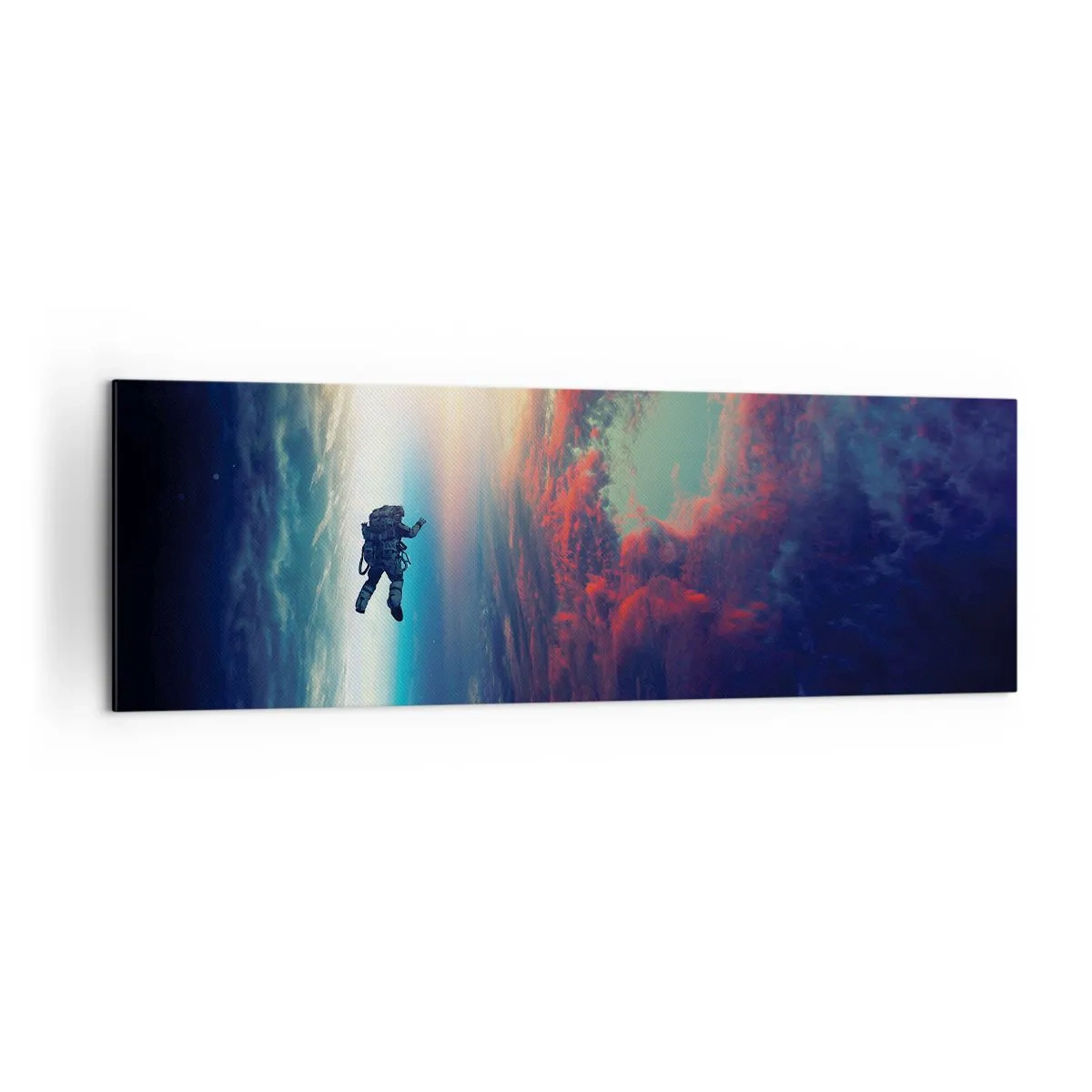 Obraz na płótnie - Astronauta unoszący się w kosmosie nad kolorową Ziemią - 160x50cm - Mierzyć się ze wszechświatem - Nowoczesna dekoracja ścienna do salonu i sypialni ARTTOR