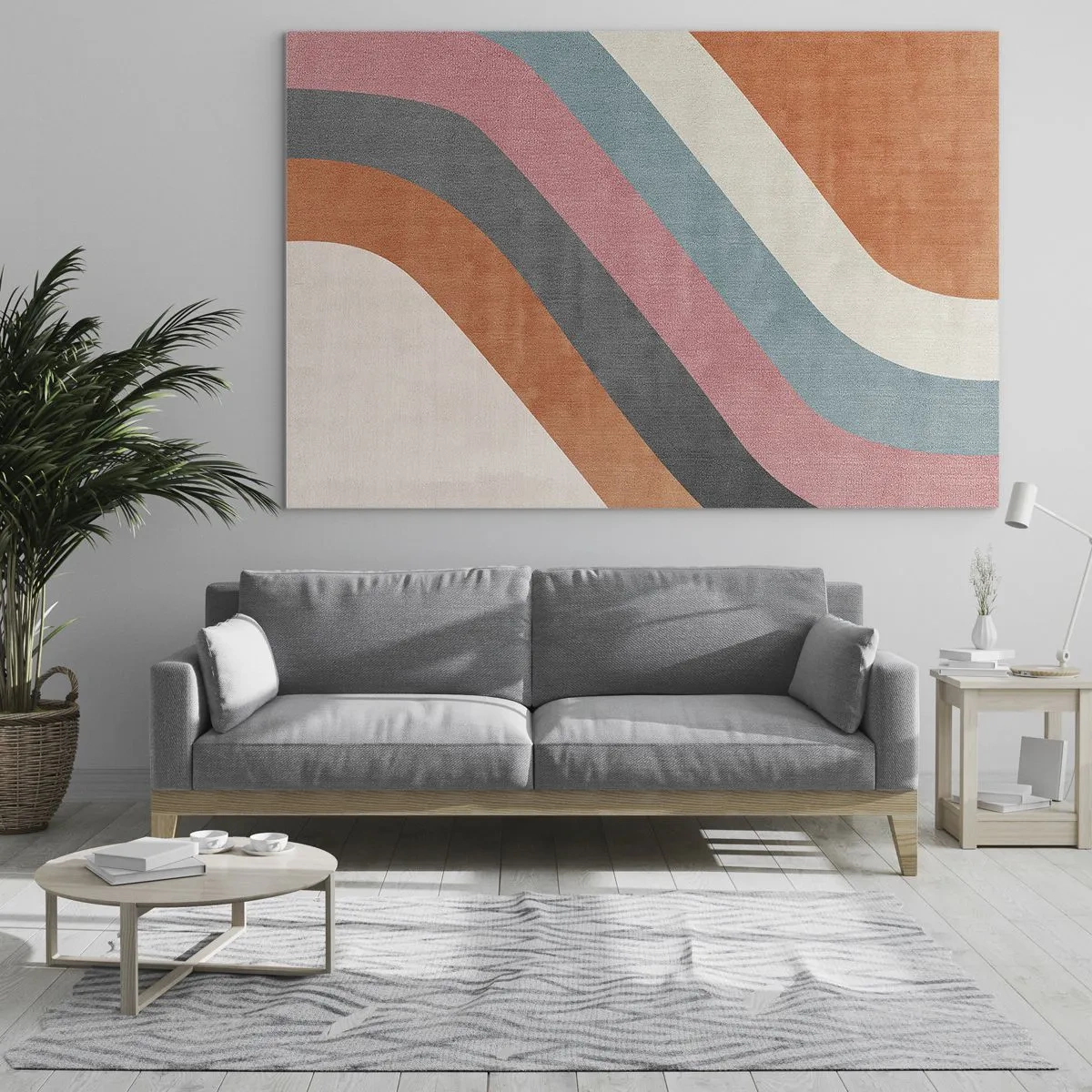 Obraz na szkle - Kolorowe pasy w układzie diagonalnym na jasnym tle - 70x50cm - Kompozycja diagonalna – ruch - Nowoczesna dekoracja ścienna do salonu i sypialni ARTTOR