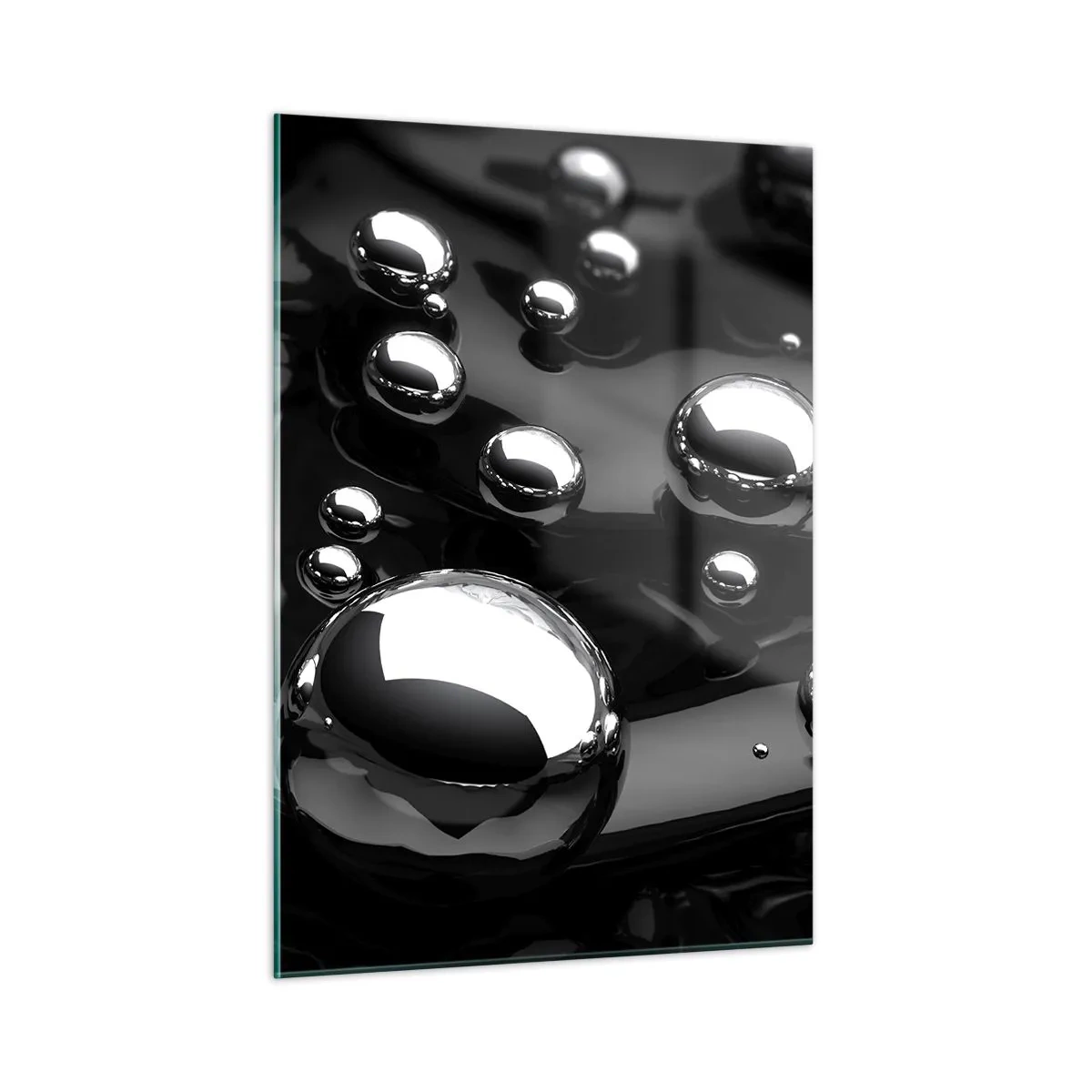 Obraz na szkle - Metaliczne krople na czarnej powierzchni - 50x70cm - Z czarnej toni - Nowoczesna dekoracja ścienna do salonu, kuchni i sypialni ARTTOR