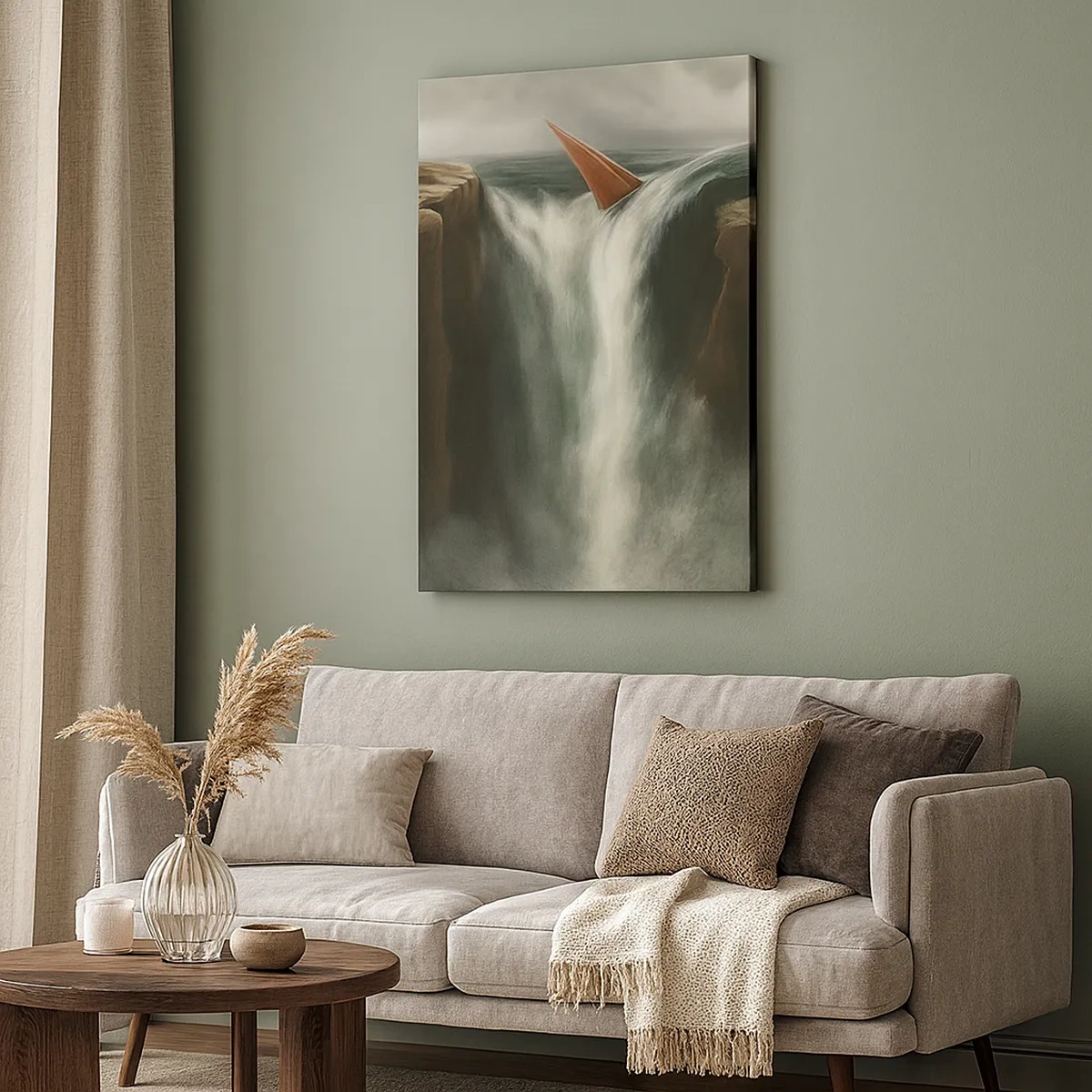 Obraz na płótnie - Żaglówka spadająca z wodospadu w surrealistycznej scenerii - 50x70cm - Życiowa przestroga - Nowoczesna dekoracja ścienna do salonu, kuchni i sypialni ARTTOR