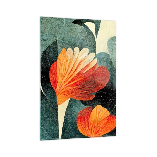 Obraz na szkle - Kwiaty w intensywnych odcieniach pomarańczu i zieleni - 80x120cm - Żar tropików i chłód zieleni - Nowoczesna dekoracja ścienna do salonu i sypialni ARTTOR