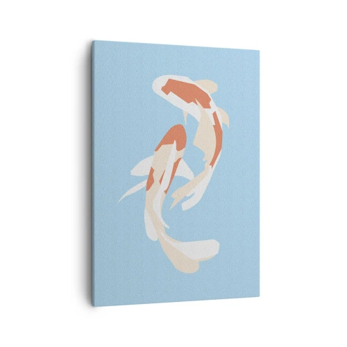Obraz na płótnie - Minimalistyczna ilustracja dwóch ryb koi na błękitnym tle - 50x70cm - Pływanie synchroniczne spontaniczne - Nowoczesna dekoracja ścienna do salonu, kuchni i sypialni ARTTOR