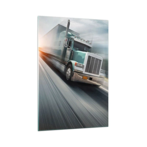 Obraz na szkle - Ciężarówka na autostradzie w ruchu przy zachodzie słońca - 70x100cm - Amerykański olbrzym w pędzie - Nowoczesna dekoracja ścienna do salonu i sypialni ARTTOR