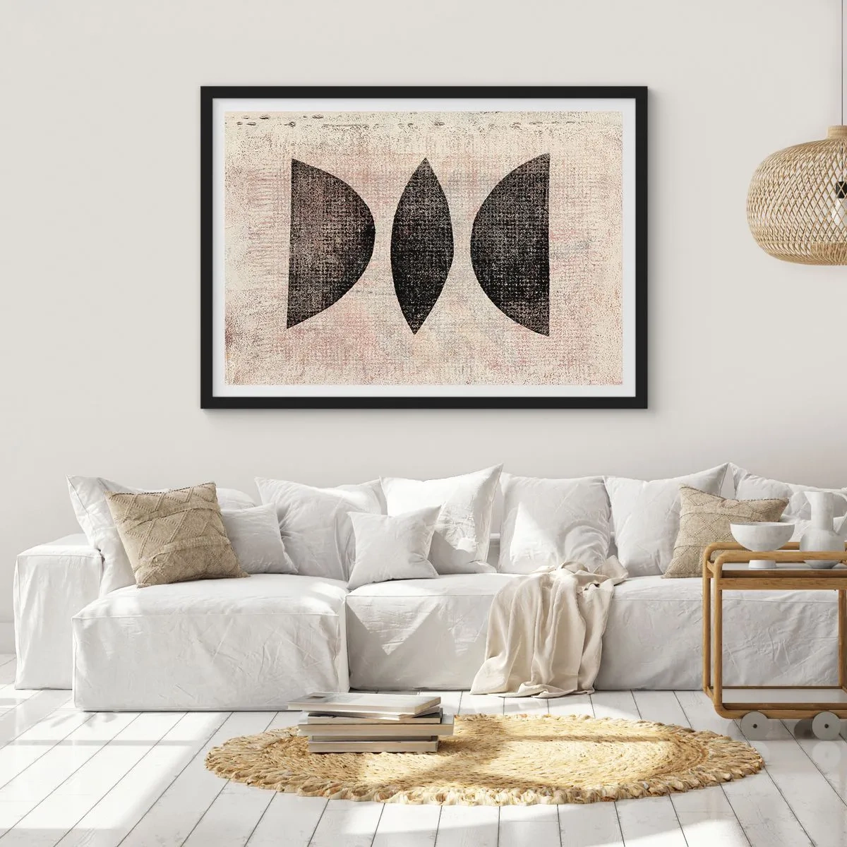 Plakat w czarnej ramie - Etniczne kształty w ciemnych tonacjach na jasnym tle - 70x50cm - Etniczna abstrakcja - Nowoczesna dekoracja ścienna do salonu i sypialni ARTTOR