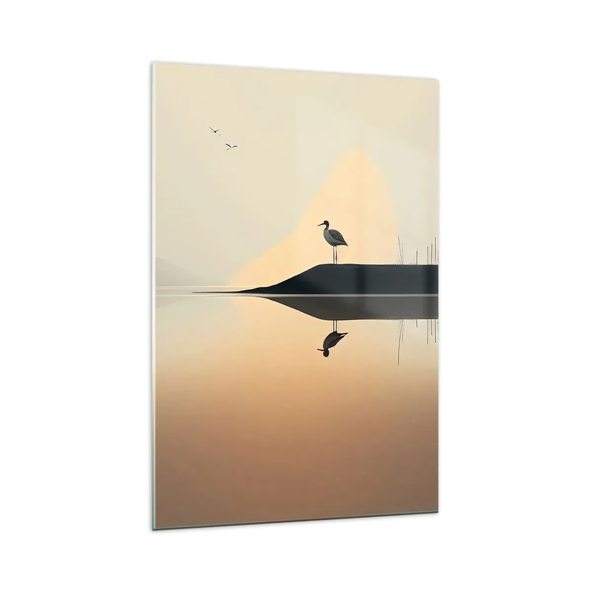 Obraz na szkle - Ptak na wyspie w spokojnym jeziorze o ciepłych odcieniach - 70x100cm - Pan na jeziorze - Nowoczesna dekoracja ścienna do salonu i sypialni ARTTOR