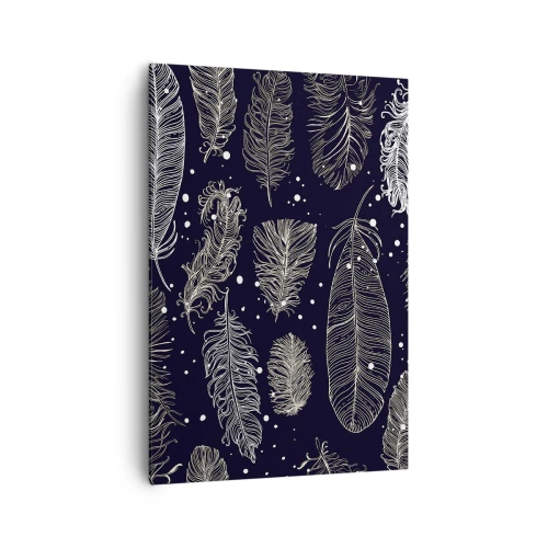 Obraz na płótnie - Delikatne białe pióra na granatowym tle - 70x100cm - Pierzasta koronka - Nowoczesna dekoracja ścienna do salonu i sypialni ARTTOR