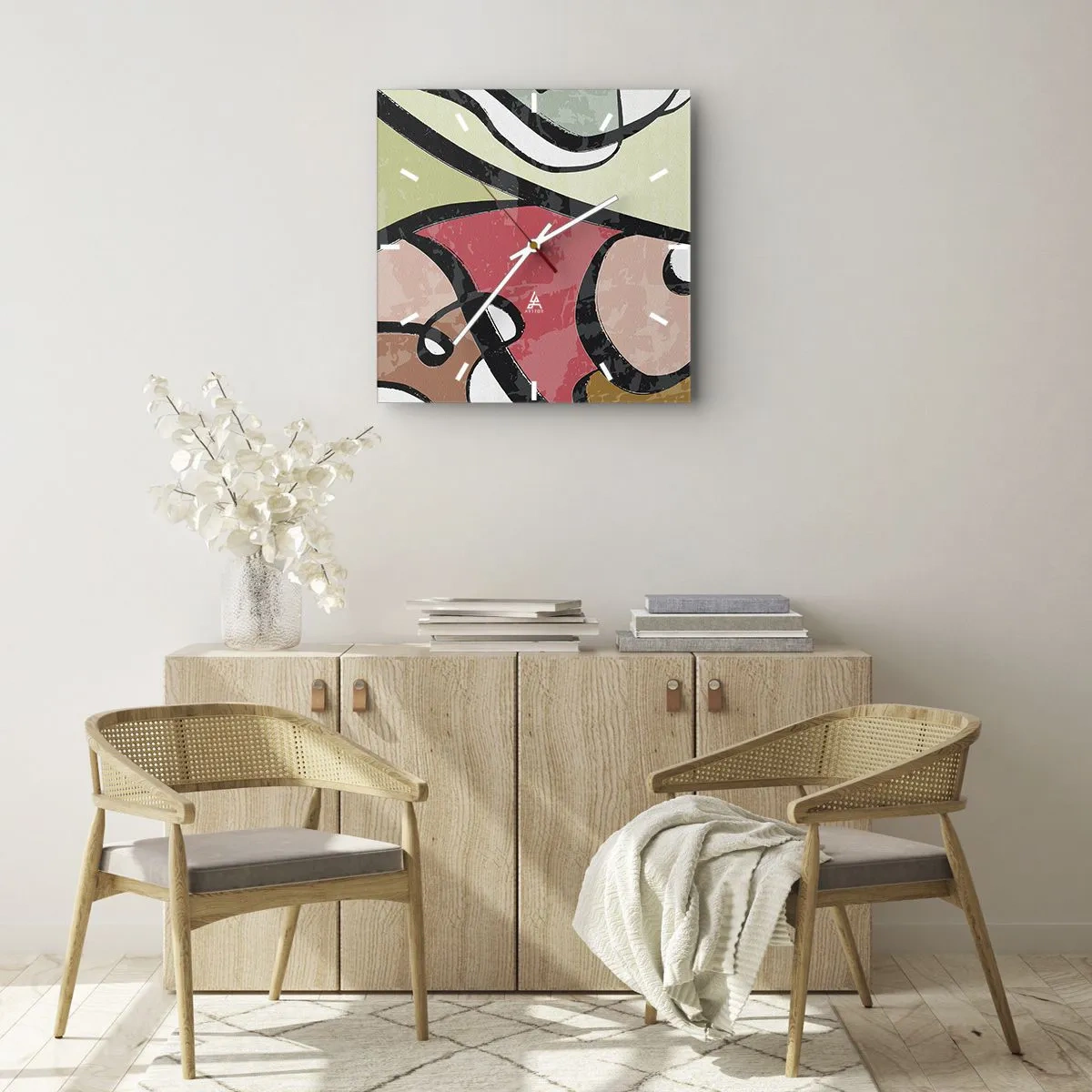 Zegar ścienny - Kolorowe abstrakcyjne kształty z czarnymi liniami - 30x30cm - Piruety wśród barw - Nowoczesna dekoracja ścienna do salonu i sypialni ARTTOR