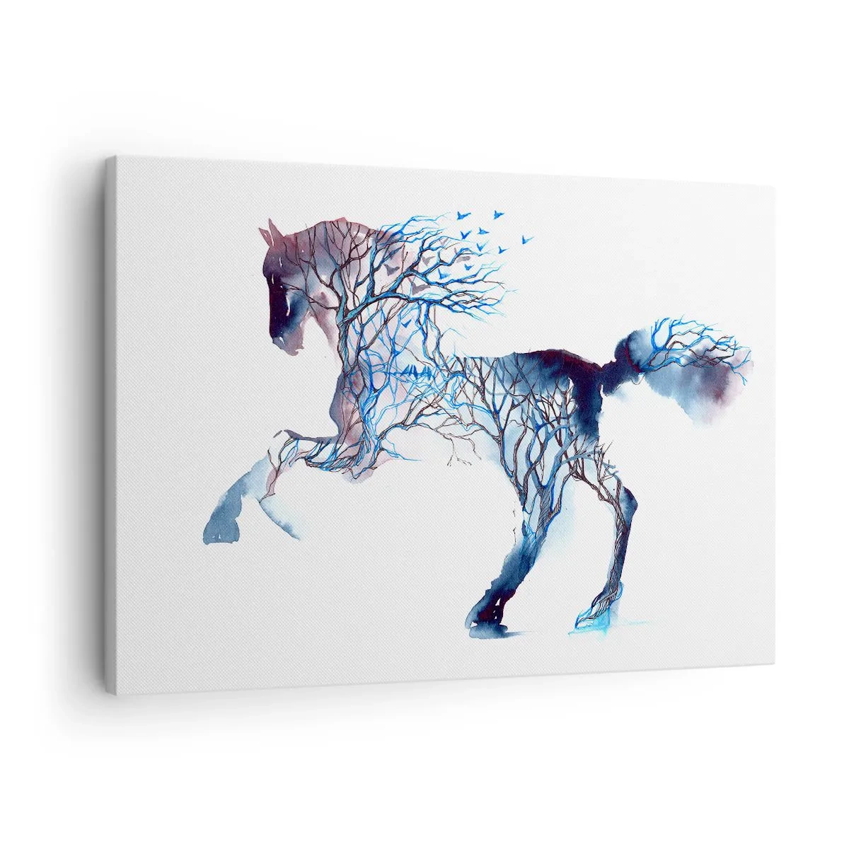 Obraz na płótnie - I jakby las ruszył - Artystyczna grafika konia z motywem drzew i ptaków - 70x50cm
