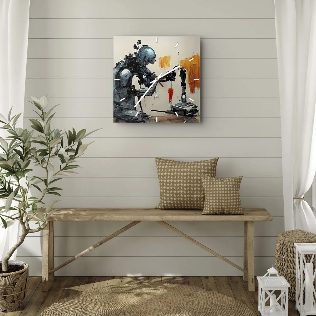Zegar ścienny - Robot przy pracy z abstrakcyjnym tłem - 30x30cm - Już jutro… - Nowoczesna dekoracja ścienna do salonu i sypialni ARTTOR