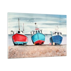 Obraz na szkle - Trzy kolorowe łodzie rybackie na brzegu morza - 120x80cm - Gotowe na połów - Nowoczesna dekoracja ścienna do salonu, kuchni i sypialni ARTTOR
