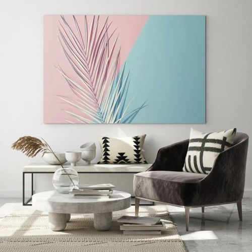 Obraz na szkle - Liść palmy na pastelowym tle w geometrycznej kompozycji - 70x50cm - Tropikalna impresja - Nowoczesna dekoracja ścienna do salonu i sypialni ARTTOR