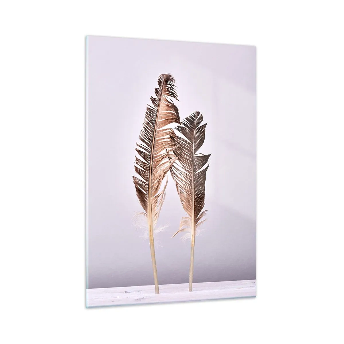 Obraz na szkle - Dwie delikatne pióra na jasnym tle - 50x70cm - Przeciw nicości - Nowoczesna dekoracja ścienna do salonu, kuchni i sypialni ARTTOR