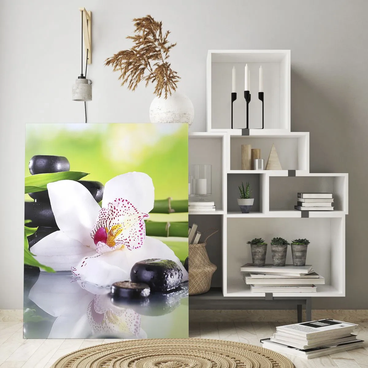 Obraz na szkle - Orchidea, kamienie i bambus w harmonijnej kompozycji spa - 70x100cm - Chłodna świeżość - Nowoczesna dekoracja ścienna do salonu i sypialni ARTTOR