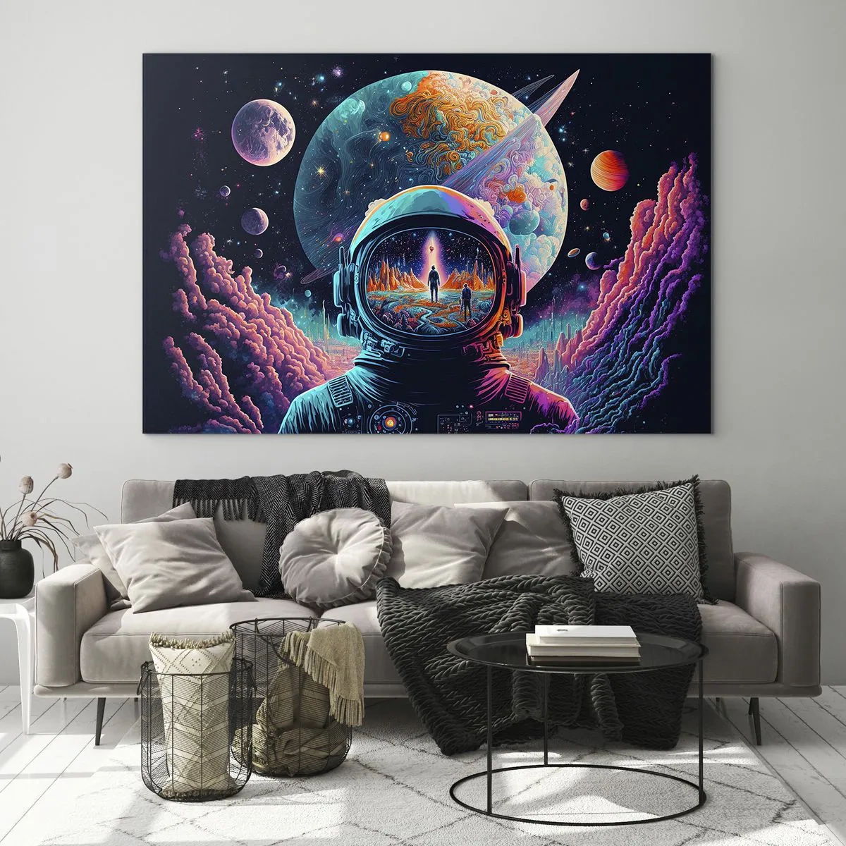 Obraz na szkle - Kosmiczny pejzaż z astronautą i surrealistyczną planetą - 70x50cm - Filozofom się nie śniło - Nowoczesna dekoracja ścienna do salonu i sypialni ARTTOR