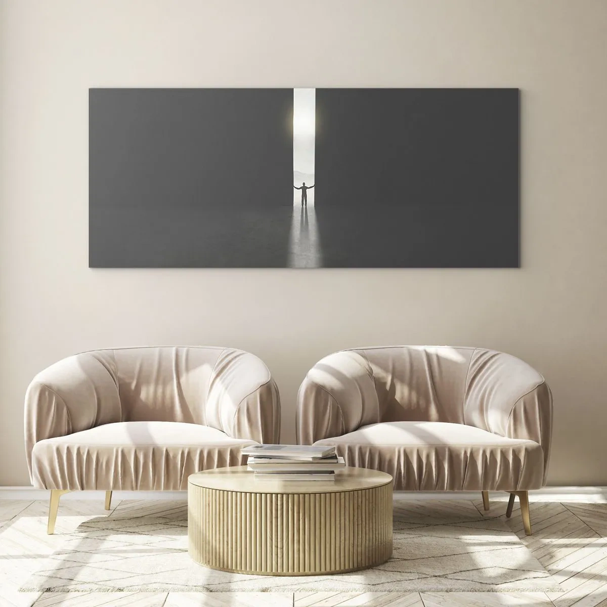 Obraz na szkle - Człowiek stojący w świetle wąskiej szczeliny w ciemnej przestrzeni - 120x50cm - Krok do jasnej przyszłości - Nowoczesna dekoracja ścienna do salonu i sypialni ARTTOR