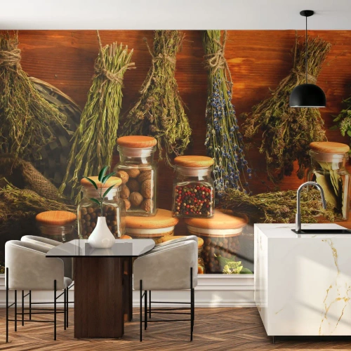 Fototapeta Standard Eco - Suszone zioła i przyprawy w słoikach na drewnianym tle - 100x70cm - Kuchenne czary - Nowoczesna dekoracja ścienna do salonu i sypialni ARTTOR
