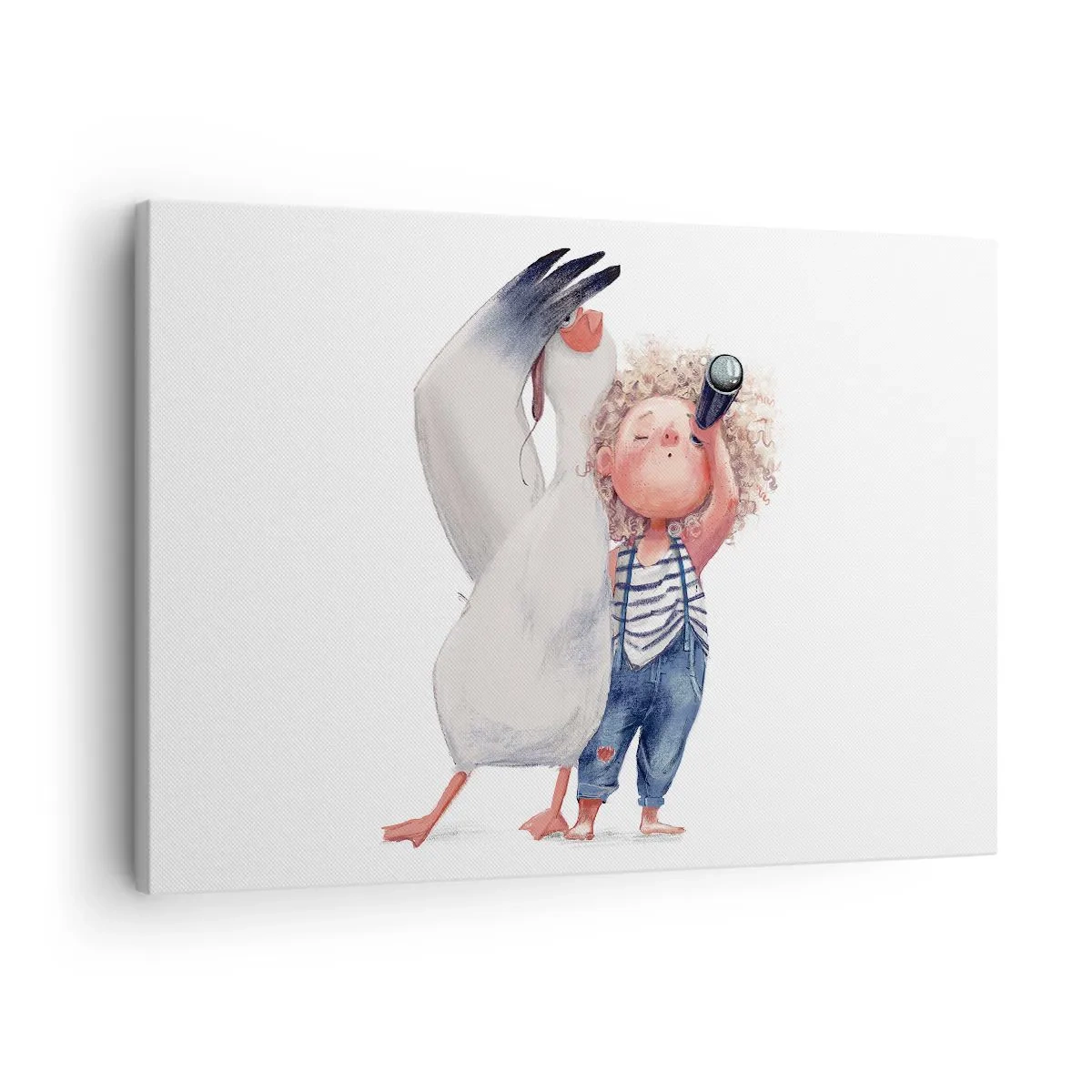 Obraz na płótnie - Ilustracja dziecka z pelikanem i lunetą w ręku - 70x50cm - Plan wielkiej podróży - Nowoczesna dekoracja ścienna do salonu i sypialni ARTTOR