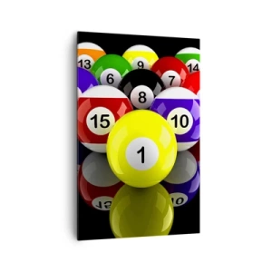 Obraz na płótnie - Kolorowe bile bilardowe ustawione w trójkącie na czarnym tle - 80x120cm - Różne barwy gry - Nowoczesna dekoracja ścienna do salonu i sypialni ARTTOR