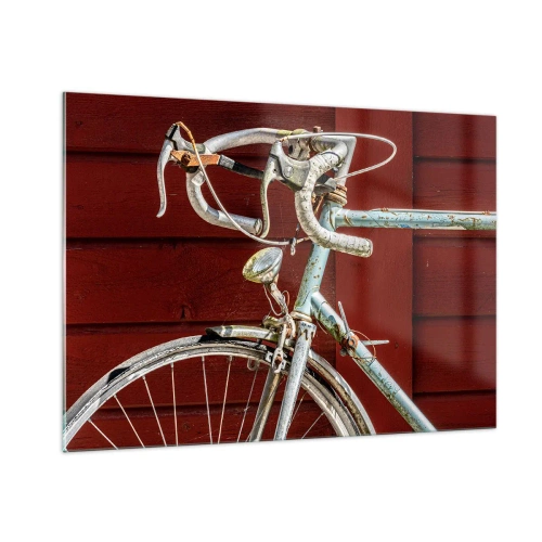 Obraz na szkle - Stary rower szosowy z lat 70. na tle czerwonej drewnianej ściany - 100x70cm - Stworzony do zwycięstw - Nowoczesna dekoracja ścienna do salonu, kuchni i sypialni ARTTOR
