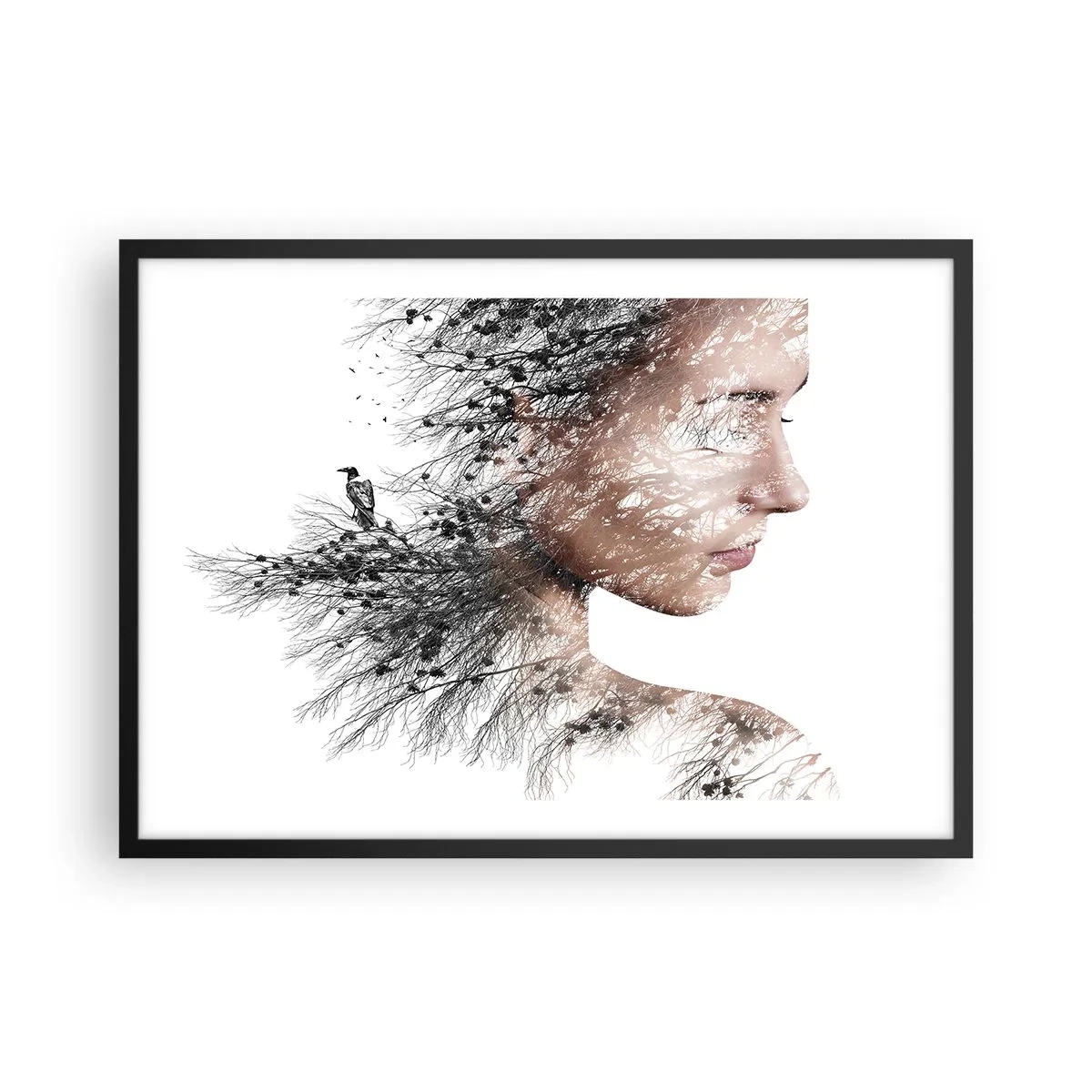 Plakat w czarnej ramie - Sylwetka kobiety z motywem gałęzi i ptaka w tle - 70x50cm - Duch lasu - Nowoczesna dekoracja ścienna do salonu i sypialni ARTTOR