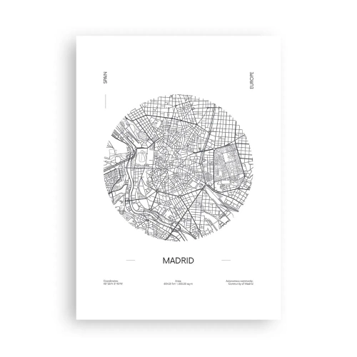 Plakat - Minimalistyczna mapa Madrytu w czarno-białej tonacji - 50x70cm - Anatomia Madrytu - Nowoczesna dekoracja ścienna do salonu, kuchni i sypialni ARTTOR