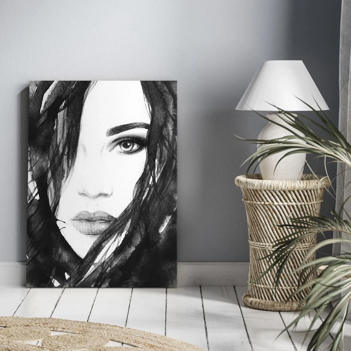 Obraz na płótnie - Czarnobiała ilustracja twarzy w technice akwareli - 50x70cm - Portret damy w czerni i bieli - Nowoczesna dekoracja ścienna do salonu, kuchni i sypialni ARTTOR