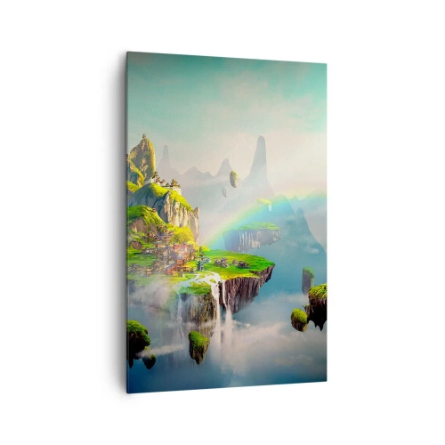 Obraz na płótnie - Latające wyspy wśród chmur z tęczą na horyzoncie - 80x120cm - Śródniebie - wyspy szczęśliwe - Nowoczesna dekoracja ścienna do salonu i sypialni ARTTOR