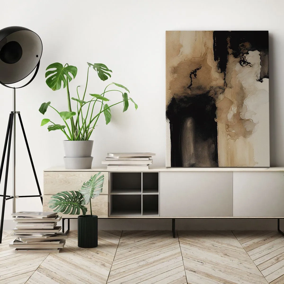 Obraz na płótnie - Abstrakcyjna kompozycja w odcieniach czerni i beżu - 50x70cm - Abstrakcja intrygująca - Nowoczesna dekoracja ścienna do salonu, kuchni i sypialni ARTTOR