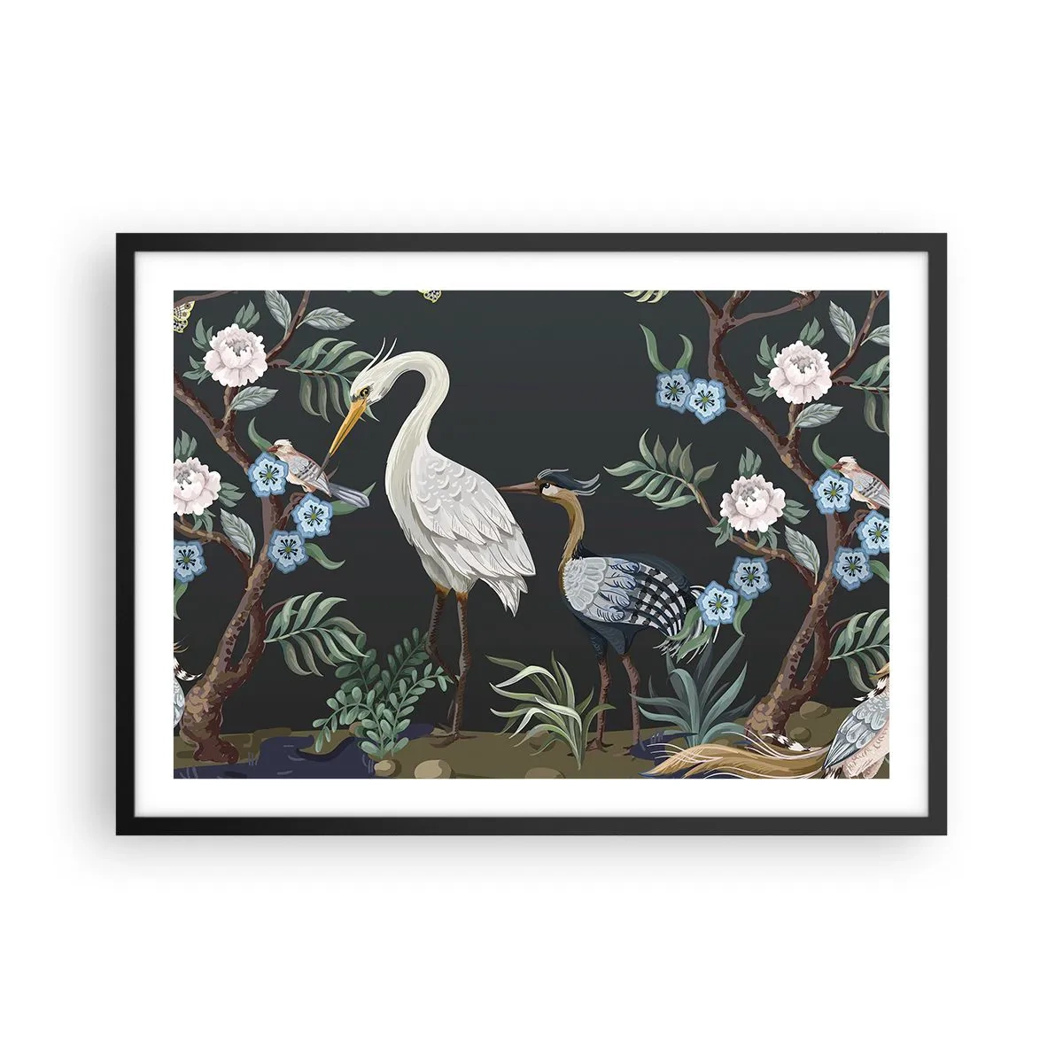 Plakat w czarnej ramie - Malowane ptaki i rośliny na ciemnym tle o eleganckim wzorze - 70x50cm - Ptasia parada - Nowoczesna dekoracja ścienna do salonu i sypialni ARTTOR