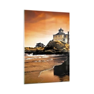 Obraz na szkle - Dom na skale przy plaży o zachodzie słońca z odbiciem w wodzie - 80x120cm - Elegancja zachodniego wybrzeża - Nowoczesna dekoracja ścienna do salonu i sypialni ARTTOR