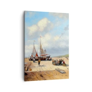 Obraz na płótnie - Scena plażowa z żaglówkami i grupą ludzi na tle błękitnego nieba - 50x70cm - Po udanym połowie - Nowoczesna dekoracja ścienna do salonu, kuchni i sypialni ARTTOR