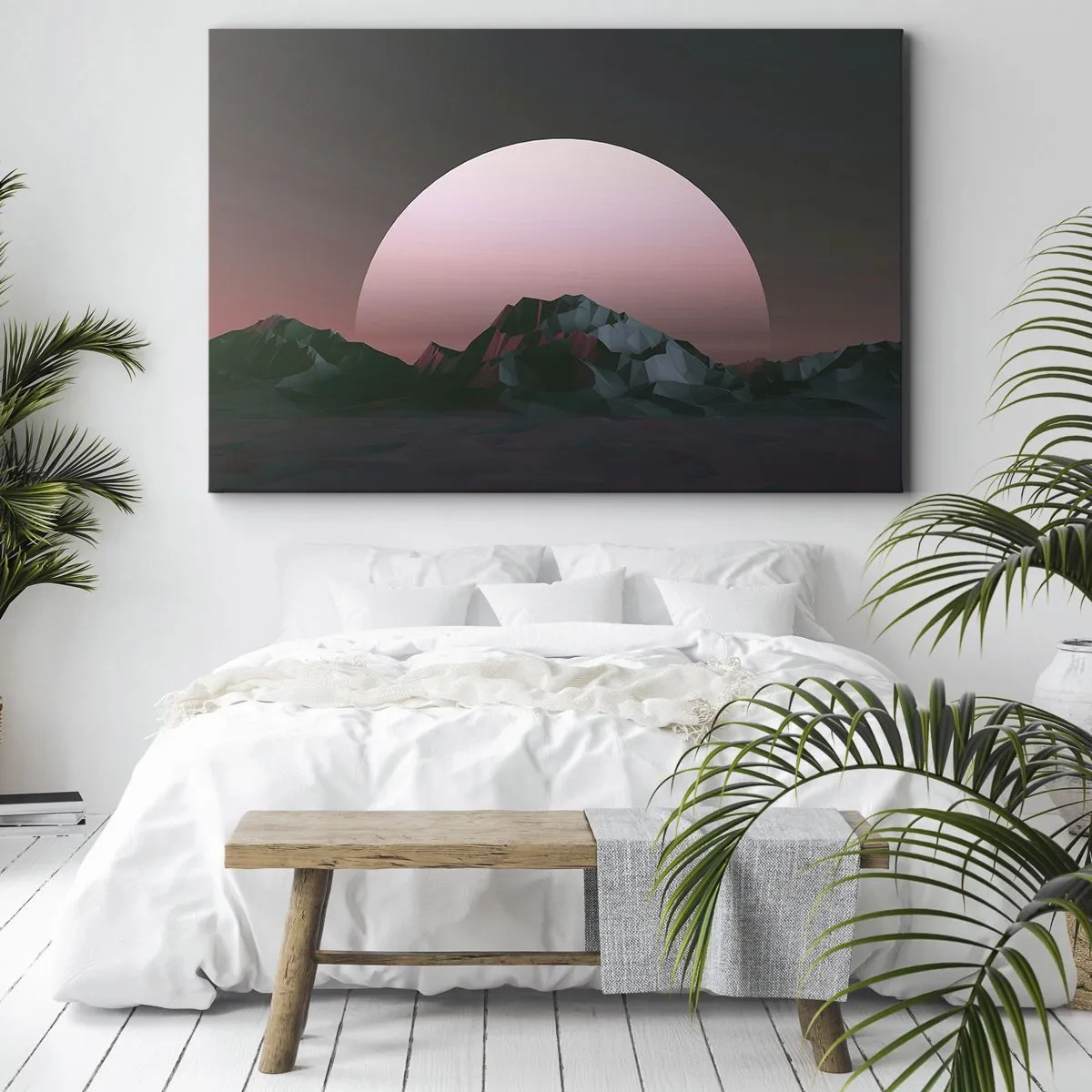 Obraz na płótnie - Geometryczne góry z zachodzącym słońcem w tle - 70x50cm - W sąsiedniej galaktyce - Nowoczesna dekoracja ścienna do salonu i sypialni ARTTOR