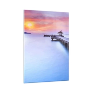 Obraz na szkle - Drewniane molo prowadzące na wodę podczas zachodu słońca - 80x120cm - Morze spokoju aż po horyzont - Nowoczesna dekoracja ścienna do salonu i sypialni ARTTOR