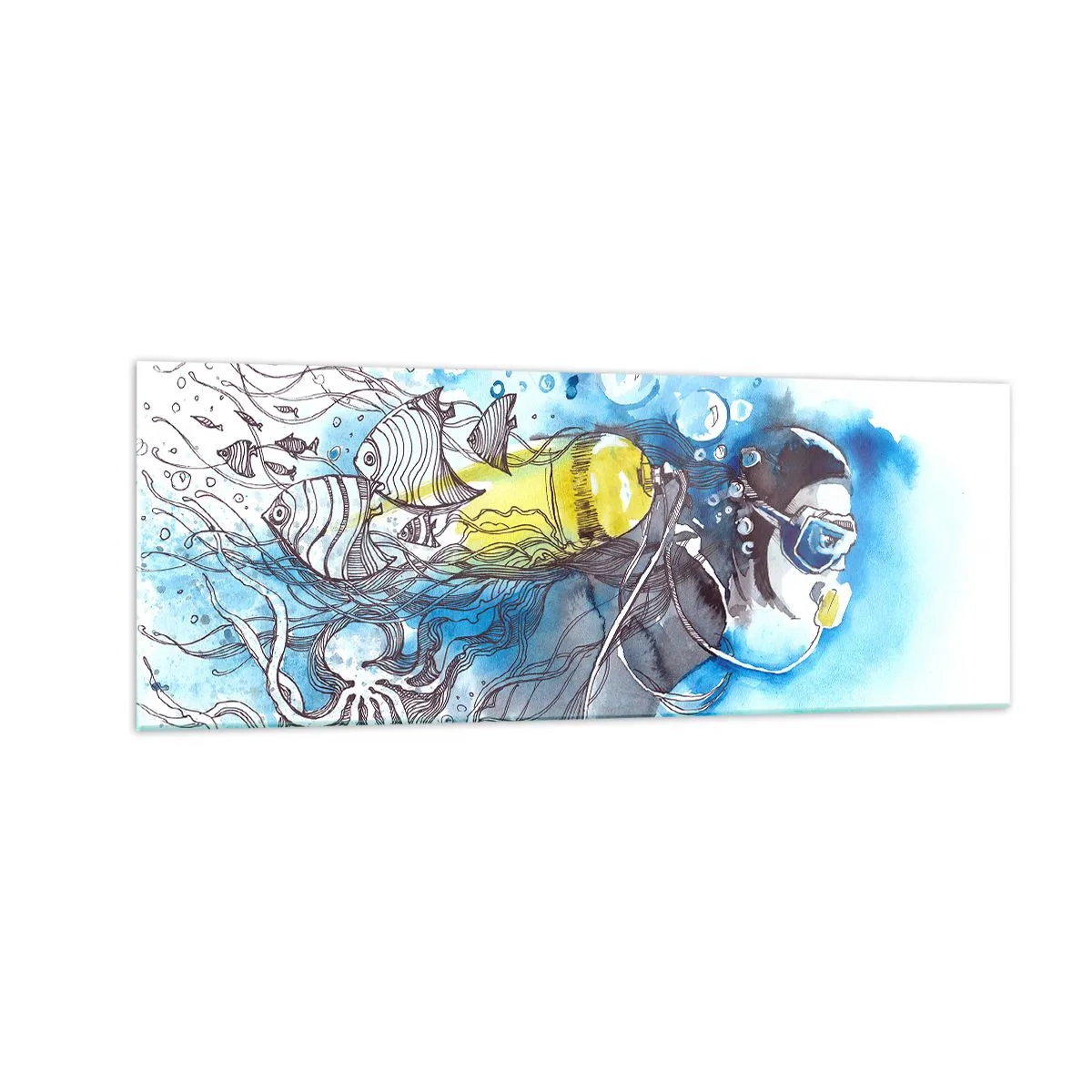Obraz na szkle - Podwodna scena z nurkiem i egzotycznymi rybami - 140x50cm - Wielki błękit - Nowoczesna dekoracja ścienna do salonu i sypialni ARTTOR