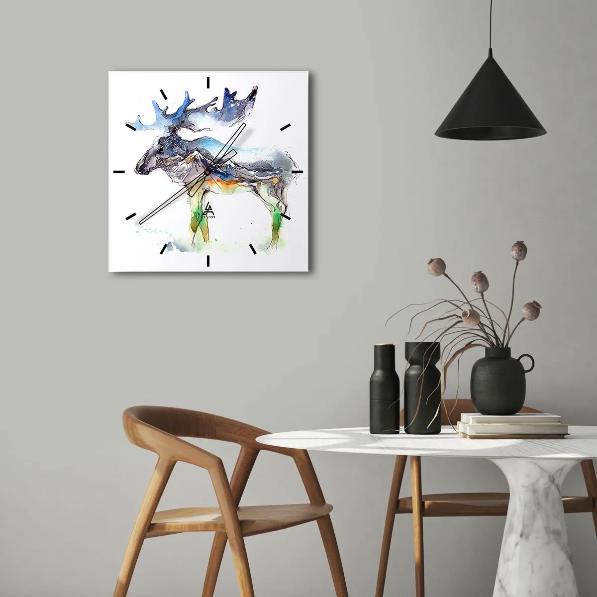 Zegar ścienny - Akwarelowa sylwetka łosia z górskim pejzażem - 30x30cm - Bohater zimowej opowieści - Nowoczesna dekoracja ścienna do salonu i sypialni ARTTOR