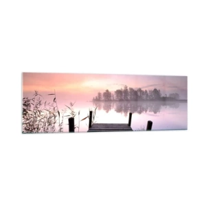 Obraz na szkle - Pomost nad jeziorem o świcie z mgłą i pastelowym niebem - 160x50cm - Z liliowej mgły... - Nowoczesna dekoracja ścienna do salonu i sypialni ARTTOR