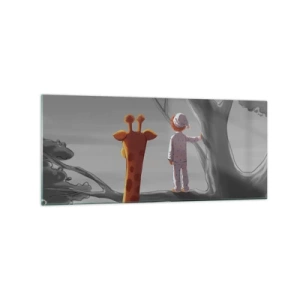 Obraz na szkle - Dziecko i żyrafa na gałęzi drzewa w bajkowym krajobrazie - 120x50cm - To się naprawdę dzieje - Nowoczesna dekoracja ścienna do salonu i sypialni ARTTOR